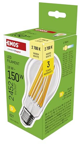 EMOS LED Lampe Edison A70, 18W Ersatz für 150W Glühbirne, Vintage-Glühlampe mit E27 Sockel und Helligkeit 2452 lm, Warmweiß 2700 K, 25000 Stunden Lebensdauer, CRI > 80, 360° Abstrahlwinkel