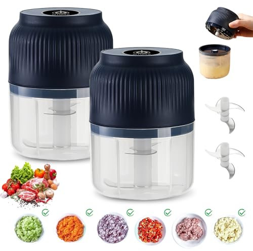 WIYETY 2 mini picadoras eléctricas, 300 ml, con batería y puerto USB, para picar ajos, cebollas, verduras, frutas y frutos secos