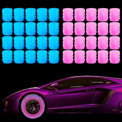 40 Piezas Tapa Fluorescente Válvula Brillante para Neumático Coche, Tapas Válvulas Luminosas para Coche, Tapones Rueda Fluorescentes, Aptas para Bicicletas, Motos, Coches (Rosa + Azul)