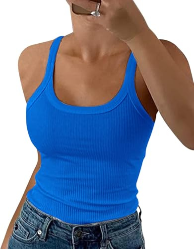 DUOEASE Debardeur Femme Col Rond Spaghetti Côtelés Extensible 2025 Top Femme Slim Fit Mode Bleu-M