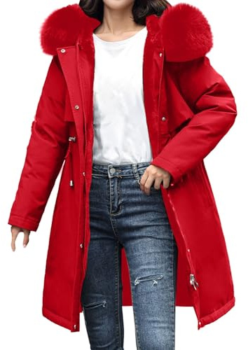 Plumifero Mujer Largo Women's Down Jacket Winter Mid Lenght Down Puffer Coats Ladies Lightweight Jackets with Hood Plus Size Slim Trench Coat Long Cortavientos Mujer Chaqueta Mujer (Red, XXXXL)