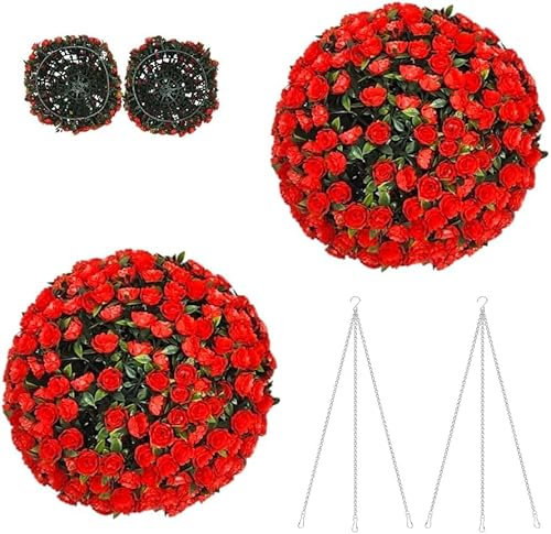 ComfyNex Set of 2 Artificial Topiary Balls 28cm - Decorative Fake Leaf Hanging Balls for Indoor & Outdoor Use - Perfect for Patio, Garden, & Home Décor (Rose Red, 28D x 28W x 28H centimetres)
