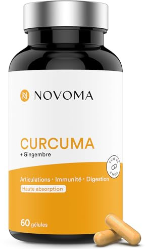 NOVOMA Curcuma 300mg Breveté Meriva®, avec Gingembre, Soutient la Digestion et le Confort Articulaire, Haute Teneur en Curcumine, Cure de 2 mois, Fabriqué en France