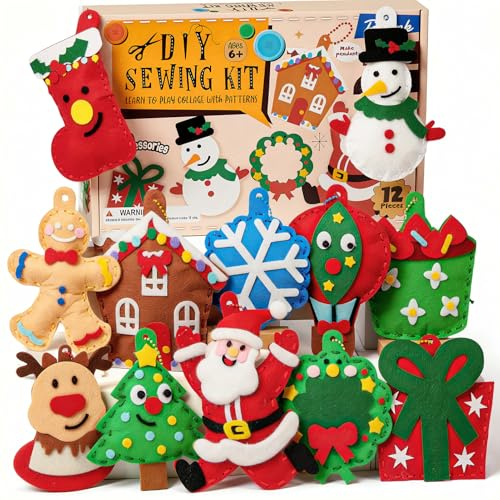 Cleboen Christmas Sewing Kit for Kids Beginners, 12-in-1 Sew Your Own Felt Christmas Ornaments Craft Kit for Kids Girls & Boys 6-8, 8-12, Fun and Educational Christmas Gift Ideas