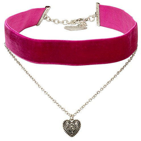 Alpenflüstern Trachten-Samt-Kropfband Trachtenherz-Kette - nostalgische Trachtenkette enganliegend, Kropfkette elastisch, eleganter Damen-Trachtenschmuck, Samtkropfband breit pink-Fuchsia DHK211