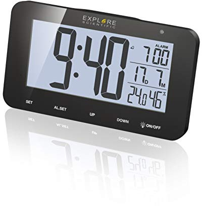 Explore Scientific RDC1004 Orologio radiocontrollato da tavolo con display retroilluminato a LED Bianco, Allarme & Snooze, Nero