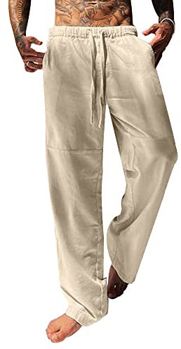 YAOBAOLE Leinenhosen Herren Lang - Strandhose für Herbst, Universal Fit, Khaki, Größe L