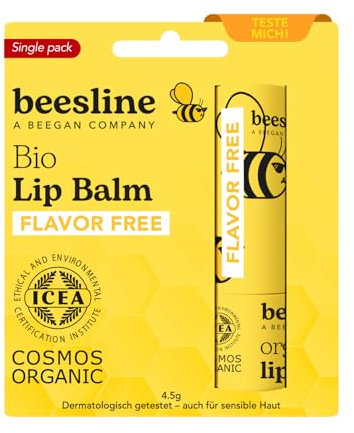 BEESLINE Organic Lip Balm Flavor Free für trockene Lippen, Lippenbalsam mit Bienenwachs, Lipstick mit Beeswax, beegan