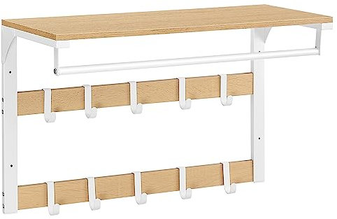 VASAGLE Wandgarderobe, mit Ablage, Wandregal mit 10 abnehmbaren Haken, Hängeregal, Wandmontage, 2 Garderobenleisten, Kleiderstange, für Flur, Schlafzimmer, Badezimmer, eichenfarben-weiß LCR101W09