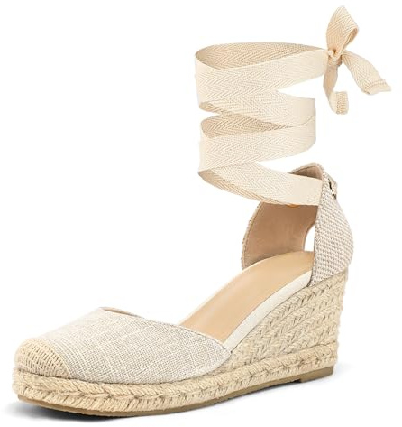 mysoft Women's Espadrille Platform Wedge Sandals Closed Toe Ankle Strap Lace up Summer Shoes
