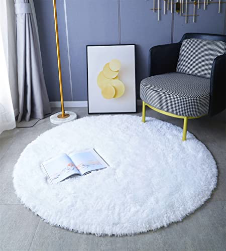LYKEJI Runder Teppich, Langflor, Modern, für Wohnzimmer, Schlafzimmer, Esszimmer oder Kinderzimmer, Komfortable Hochflor-Bodenmatte Anti-Rutsch-Teppich (160cm X 160cm, Weiß)