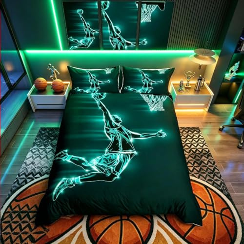 Set di biancheria da letto con tema basket per bambini, ragazzi e adulti, decorazione per la camera, regalo per gli amanti del basket, copripiumino per letto matrimoniale, con cerniera, set da 3 pezzi