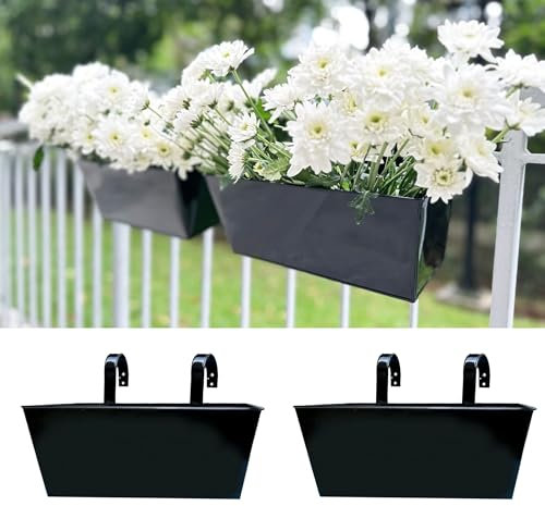 LaLaGreen Rail Hanging Planter (2 Pack, 14 Inch) Large Black Metal Rectangle Plants Holder Outdoor Balcony Railing Fence Porch Strawberry Window Flower Box for Artificial Plant Decoration Home Decors