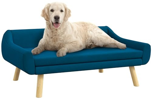 PawHut Divano per cane gatto design scandinavo cuscino morbido rimovibile tessuto effetto velluto piedi legno massiccio 102 x 58,5 x 42,5 cm, blu