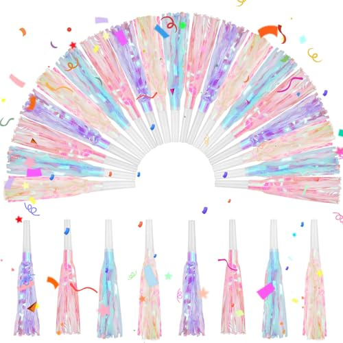 Motionchic 24 Pcs Party Blowers Glitter Iridescent Mermaid Unicorn Princess Noise Makers Metallic Fringed Horns Bulk for Graduation Birthday Favors Kids Decor(Pink, Purple, Blue, White)
