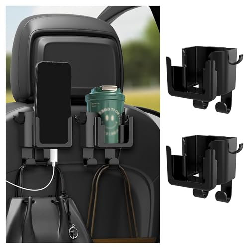 2PCS Multifunctional Car Cup Holder + Car Phone Holder + Car Purse Hook,Hanging Back Seat Car Organizer with Headrest Hooks,Universal Car Organizer Car Accessories Interior