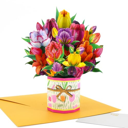 Fassory 3D pop up blomkort, handgjord tulpanbukett födelsedagskort jubileumskort bli frisk snart kort för partner, dotter, föräldrar, syskon (tulpanbukett)