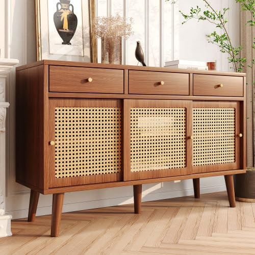 SogesHome Buffets Sideboard Kommode mit 3 Schubladen, 3 Schiebetüren, Rattangeflecht auf den Türfronten, Beine aus massivem Holz, Golden Metall Bügelgriff, verstellbare Ablagen,120x40x78 cm