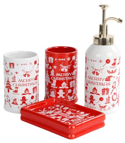 Santentre Set Bagno Accessori Natalizi 4 Pezzi - Dispenser di Sapone, Porta Spazzolino, Bicchiere, Porta sapone, Set Accessori Bagno in Ceramica con Decorazioni a Contrasto di Colore, Buon Natale
