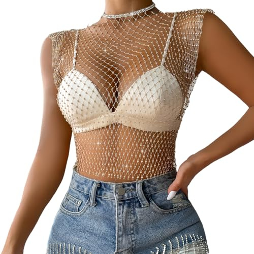 KSJEHW Top con catena per il corpo in rete con strass lucidi per donna Top corto in bikini lucido per festival in discoteca(Bianco, M)