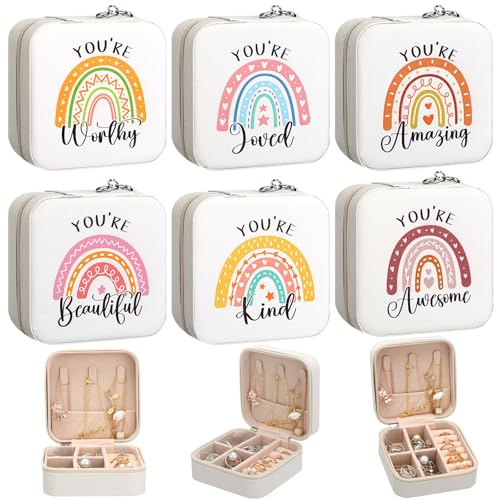 Kenning 6 Pcs Mother's Day Travel Jewelry Case Gifts Bulk Inspirational Rainbow Jewelry Box for Mom Grandma Women Teachers Gifts Portable Jewellery Storage Organizer Box for Rings Earrings Necklaces
