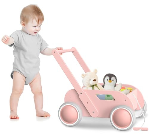 Lauflernwagen Holz, Baby Lauflernhilfe für Junge und Mädchen, Kinderwagen aus Holz, Baby Walker mit Rädern, Geschenk für Geburtstag Weihnachten, Rosa