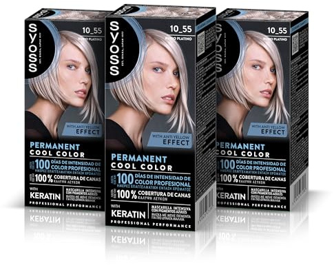 Syoss Permanent Color Tono 10.55 Rubio Platino, Tinte para Pelo Mujer, Cobertura Profesional de Canas, Color Duradero y Cuidado Profundo, Incluye Mascarilla Intensiva con Keratina, Pack de 3