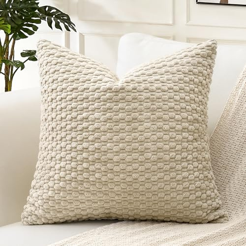 Artscope Pom Poms Dekorativa kuddöverdrag i manchester 45x45 cm Super mjuka Boho randiga fyrkantiga kuddfodral Geometriskt för soffa, sovrum, bil, dekor, set med 1, Beige