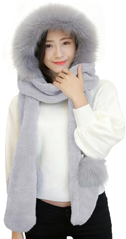 ITODA 3 in 1 Faux Fur Hat Scarf Gloves Set Winter Hat Fluffy Plush Hooded Scarf Hats Gloves Warm Beanie Hat Ear Flaps Long Scarves for Women Girls