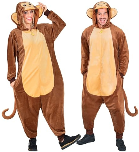 W WIDMANN MILANO Party Fashion – Apa jumpsuit för vuxna, brun plyschoverall med huva, djurdräkt för karneval