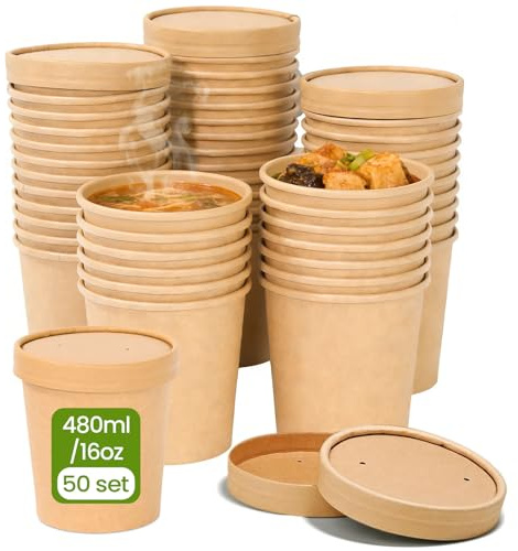 LANSKYLAN 50 Pezzi Contenitore per Zuppa in Carta Kraft Marrone 480 ml Bicchieri da Zuppa con Coperchio Contenitore per Alimenti da Asporto per Insalata Zuppa Gelati Dessert Gastronomia