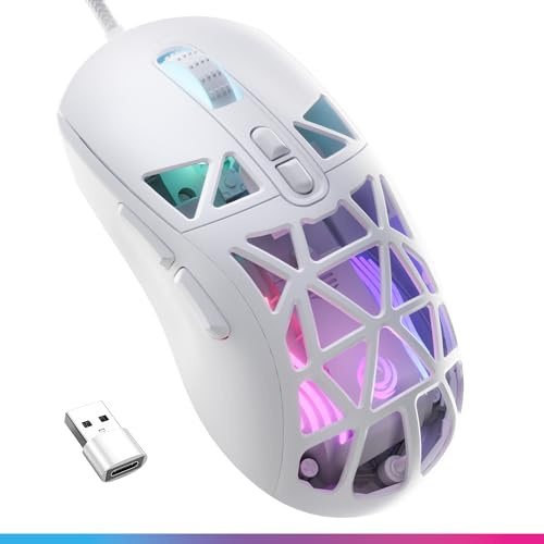 Oniverse Högpresterande trådbunden LED-spelmus – 12 800 DPI optisk sensor, ultralätt, polling rate 1 000 Hz, 7 programmerbara knappar, för PC/Mac/PS5/PS4, Kryo (Luxion White)
