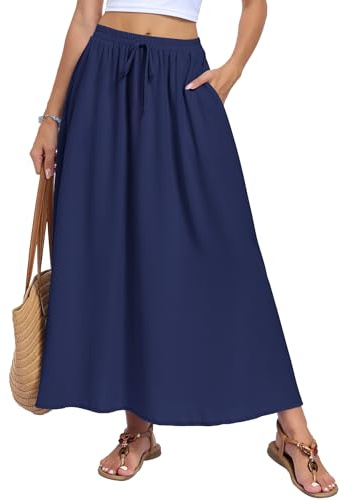 AUSELILY Womens Maxi Skirts with Pockets High Waist Elastic A Line Summer | Bow Tie Decoration Casual Long Skirt Boho Beach Outfits Lightweight Woven Fabric