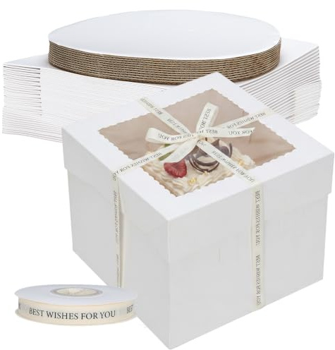 Iyxeo 12 st. Tårtlåda med tårtbord Vit för tårtor 25 x 25 x 20 cm | Hög tårtlåda med kakfat och 30 m Best Wishes presentband | Tårtkartong tårta transportlåda engångs för tårtor | Kök