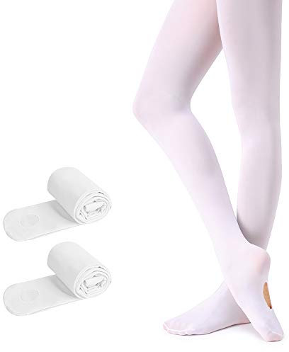 Soudittur Kinder Ballett Strumpfhose Convertible Tanz-Strumpfhosen mit Fersenloch 90D für Mädchen und Damen Weiß(2 Paar), Gr.- L (140-165 cm)