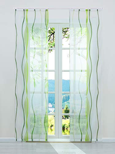ESLIR Schiebegardinen Set 2er Flächenvorhänge Gardinen mit Klettband Schiebevorhang Transparent Vorhang mit Wellen Druck Voile Grün BxH 57x145cm 2 Stück