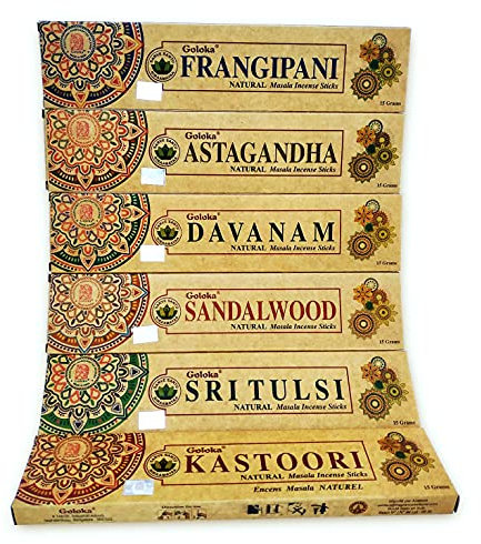 GOLOKA Masala Bio Natürliches Räucherstäbchen-Sortiment | Aromatherapie mit Natürlichem Weihrauch | Box 6 Pakete von 15 gr. | Verschiedene Düfte - Große Dauer - Zartes Aroma