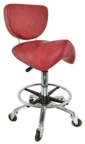 VAKON SALON - Sattelhocker mit Lehne Rot, Sattelstuhl für Rückenentlastung, Rollhocker höhenverstellbar von 55-75 cm mit Fußring, Drehhocker, Praxishocker, Bürohocker, Arbeitshocker