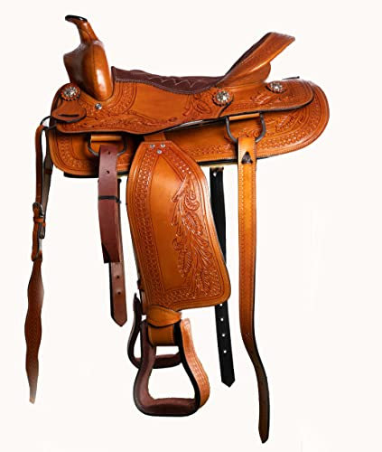 Hulara Sella western in vera pelle lavorata per cavalli intagliata comoda seduta da 35,5 cm a 45,7 cm, per cavalli da corsa a barile