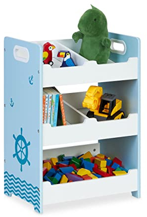 Relaxdays Scaffale Portagiochi con 5 Scomparti, in MDF, Mobile per la Camera dei Bambini, 60 x 42,5 x 30 cm, Bianco Blu