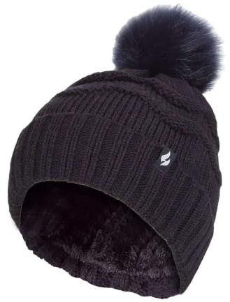 HEAT HOLDERS Dam vinter päls mössa hatt sicksack mönstrad pom pom mössa | Dam termisk manschett tofs hatt, Marinblått Xsp, en storlek