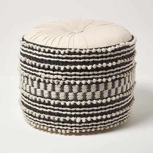 Homescapes Priya Boho-Pouf schwarz-weiß 50x40 cm, Sitzpouf rund mit Sitzsack-Füllung, Pouf Hocker Makramee