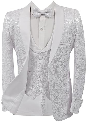 SIRRI Conjunto Completo de 5 Piezas de Esmoquin Entallado con Estampado niños, Traje Formal, comunión, graduación, Boda, 5 Piezas en Blanco Edad 8 años