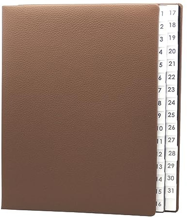Pultordner mit Register 1-31, genarbtes Vollrindleder in Braun, passend für DIN A4, Softcover mit dehnbarem Rücken, Register-Trennblätter aus schwarzer Kartonage mit Sichtlöchern