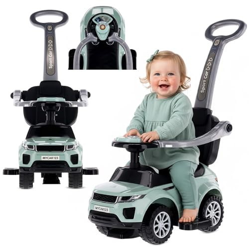 Coche tobogán para niños 4en1, a Partir de 1 años, Coche empujador con claxon y música, Espacio para Guardar Cosas Debajo del Asiento (Salvia