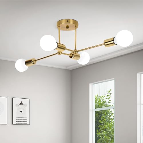 ALLOMN Lámpara de Techo Dorada, Lámpara de Araña Sputnik Plafon Sputnik de 4 Luces E27 Vintage Lamparas de Techo Industrial para Dormitorio Sala de Estar Comedor Cocina, Forma DIY