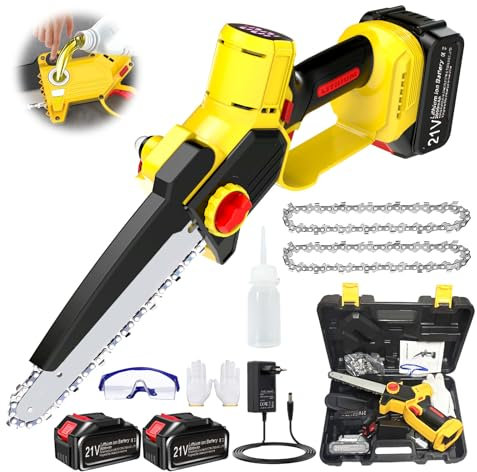 Akku Kettensäge 8 Zoll Mini Kettensäge mit Akku Bürstenlose Einhand Kettensäge 21V Handkettensäge Akku mit Öler und 2 Akku Astsäge Akku mit doppelter Sicherheitsverriegelung, yellow