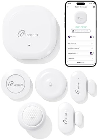 Loocam Smart Alarmanlage Haus, 6 Teiliges Set, Zigbee Verbindung, App Steuerung, Einfache Installation, 1 Gateway/Hub, 2 Tür- und Fenstersensoren, 1 Bewegungsmelder, 1 Smart Button, 1 Wassermelder
