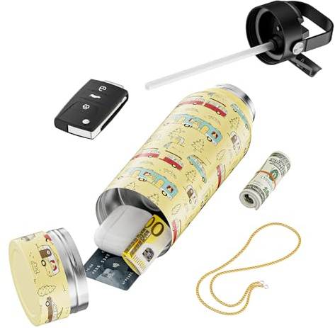 Domemit Cassaforte da Spiaggia, Nascondiglio Segreto, Borraccia Termica con Nascondiglio Segreto per Soldi, Auricolari, Chiavi, Cassaforte Portatile da Viaggio, 5D Roulotte Stampa, Idee Regalo Natale
