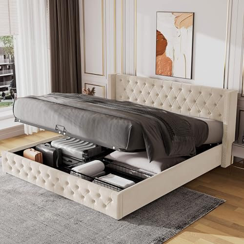 HYUB Cama tapizada de 180 x 200 cm con somier de láminas de estructura metálica, cama de matrimonio con respaldo y cajón, parte inferior de la cama con tela no tejida que repele la suciedad, color